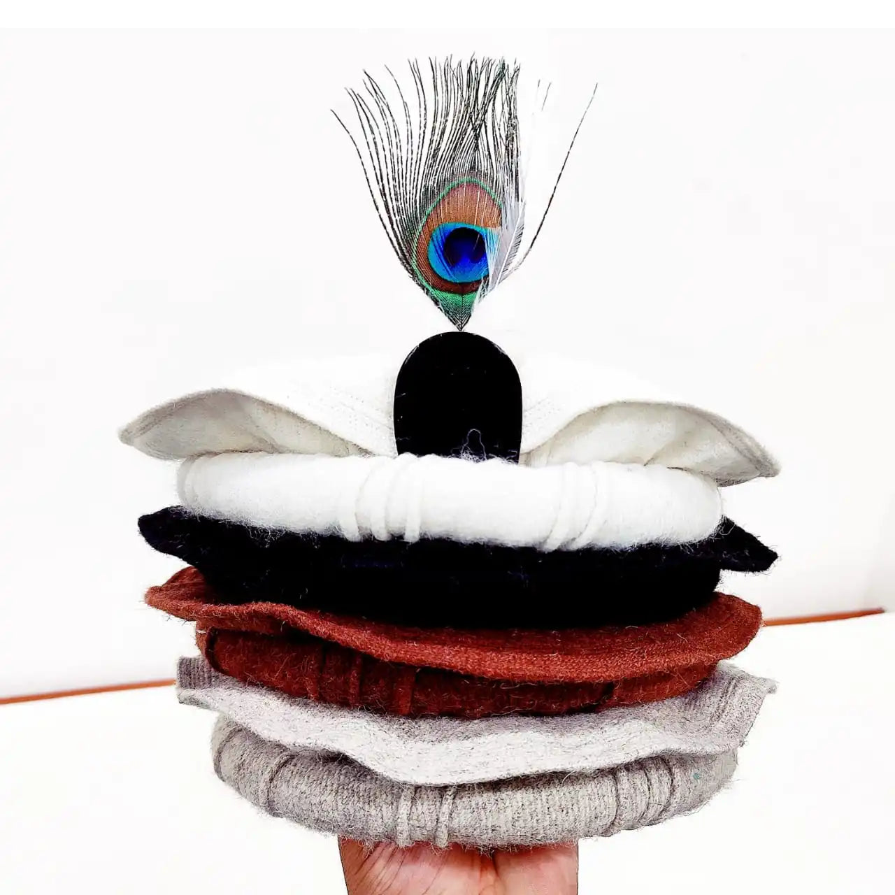 Gray Chitrali Wool Pakol with Peacock Feather