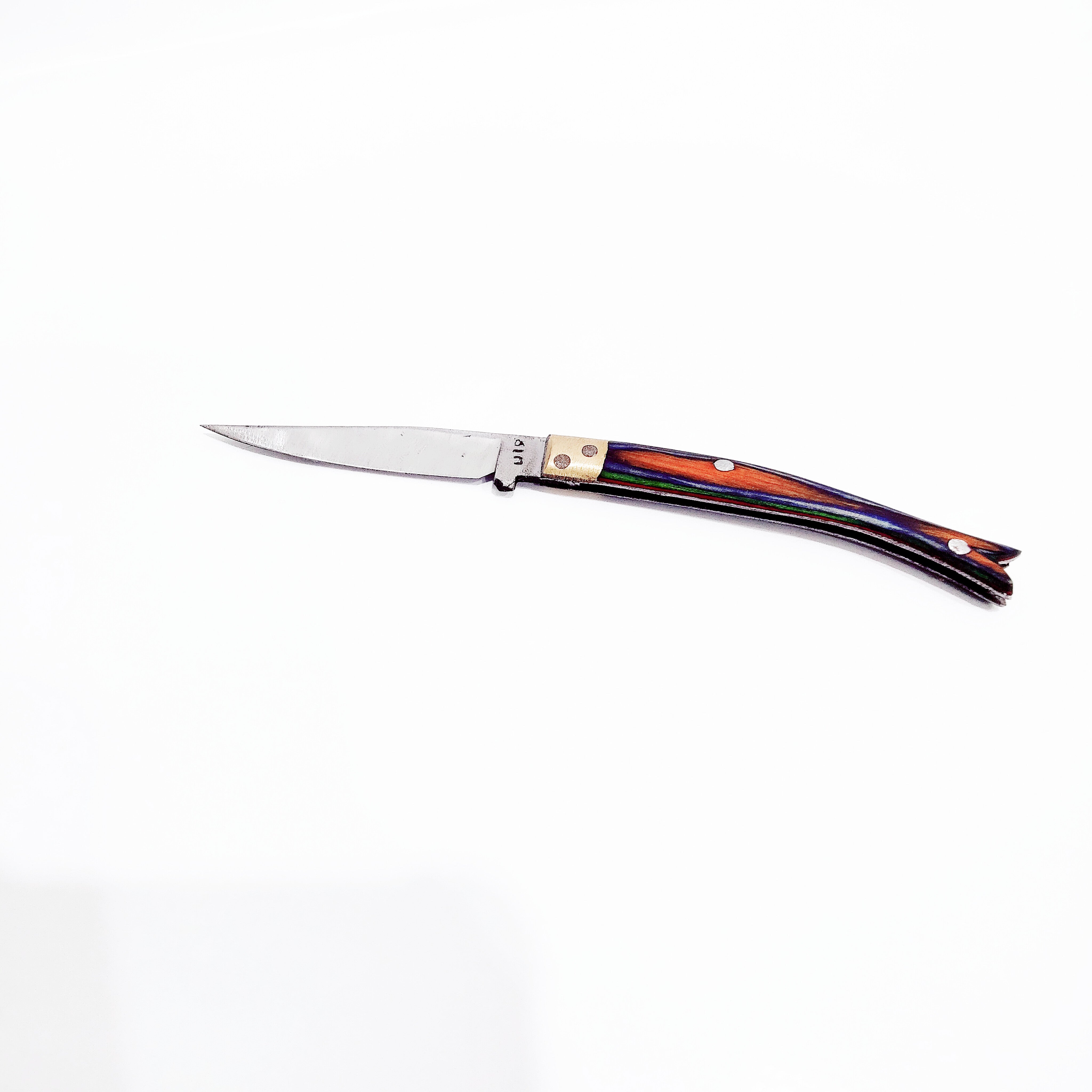 Folding knife with a colorful handle on a white background